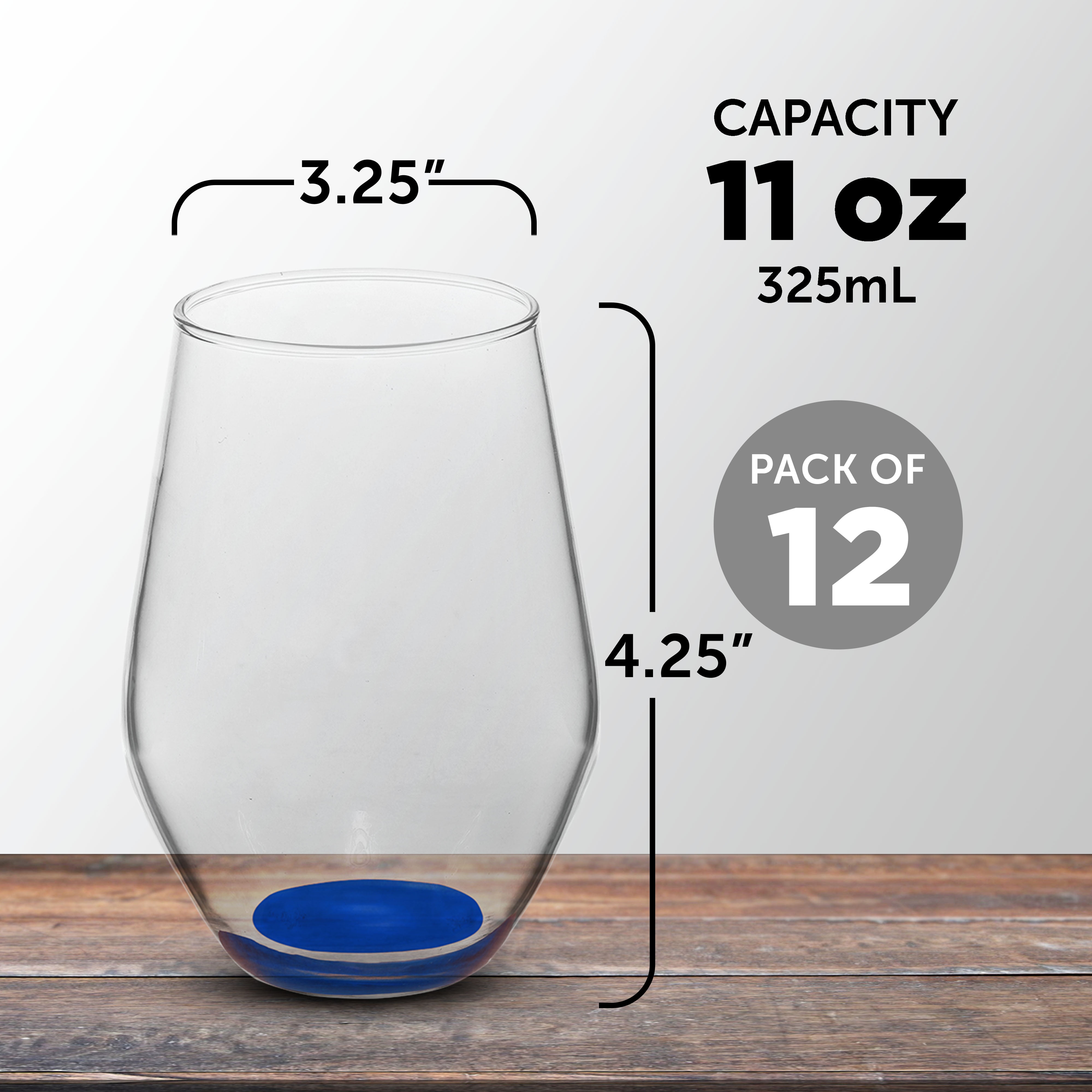 Concerto Stemless Wine Glasses 11 oz. Set of 12, Bulk Pack - Restaurant Glassware, Perfect for Red Wine, White Wine or Cocktails - Blue