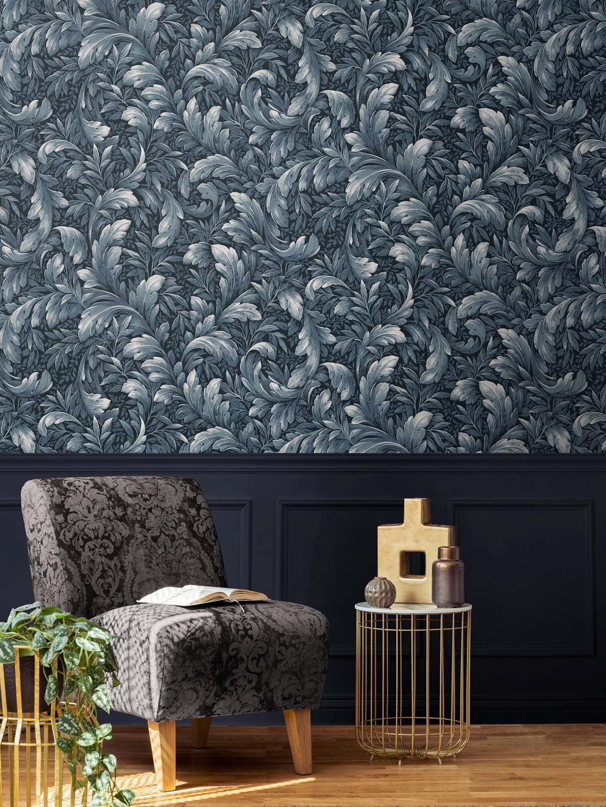 NextWall Navy Blue Acanthus Trail Peel and Stick Wallpaper