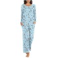 thumbnail image 1 of Conjunto de pijama de poliéster para mujer, informal, con estampado de cuello redondo, manga larga y pantalón largo, 1 of 8