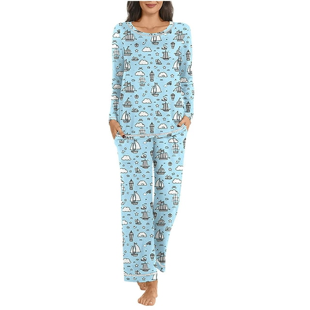 Conjunto de pijama de poliéster para mujer, informal, con estampado de cuello redondo, manga larga y pantalón largo
