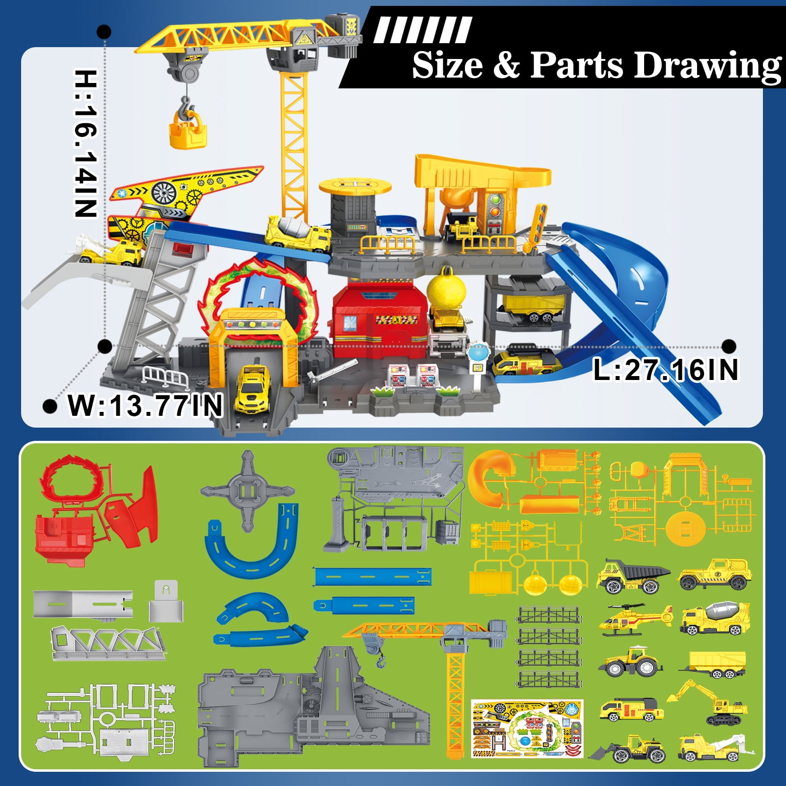 Frontoytall Construction Vehicles Track Set with Excavator, Dump Truck, Cement Truck, Wheel Loader & Rotating Crane, Interactive STEM Building Toy for Kids Ages 3-12