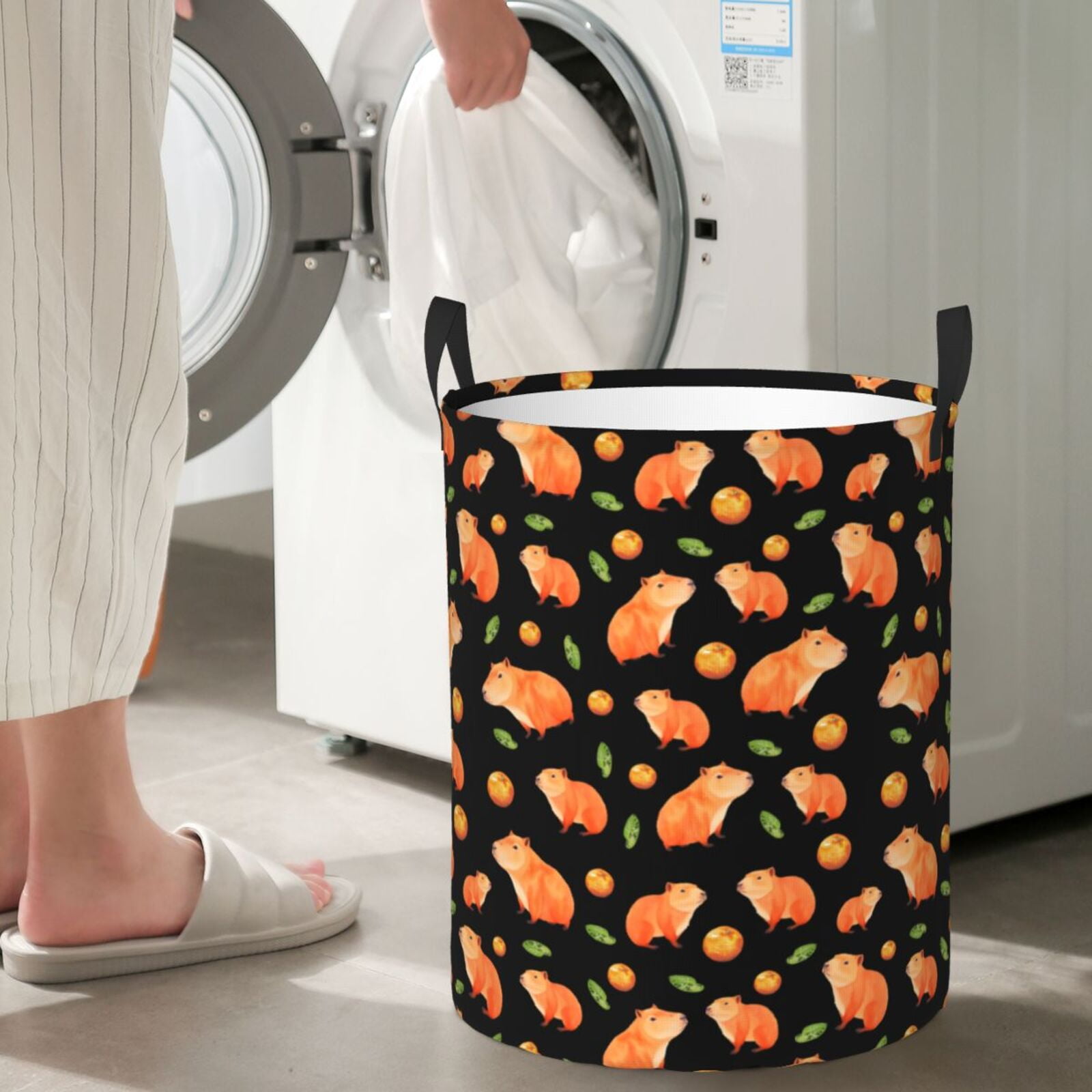 Large Laundry Basket with Handles - Orange and Capybara Kids Baby Dirty Clothes Laundry Hamper for Bedroom Aesthetic