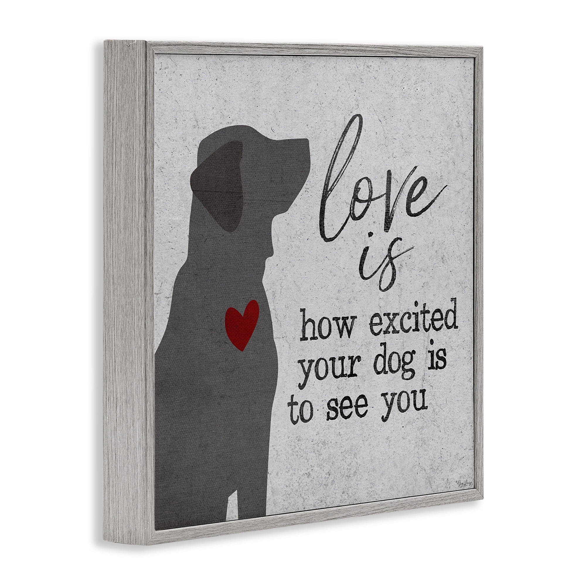 Stupell Industries Love Is Excited Dog Pet Phrase Typography Painting Gray Framed Art Print Wall Art, 12 x 12