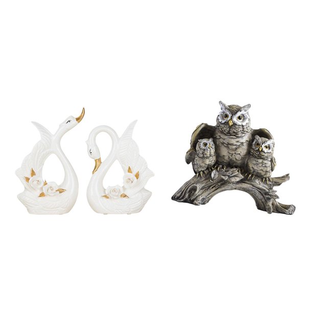 Elegante conjunto de esculturas de animales de cerámica: cisne y búho. Ideal para estantería, vitrina, sala de estar, oficina o mesa. Adorno decorativ