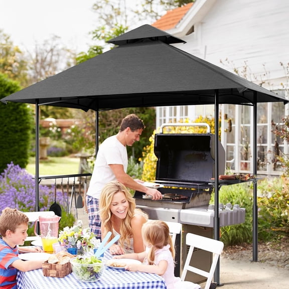 8 x 5 FEET Waterproof Grill Gazebo Canopy Replacement - Ultimate Sun Protection Double Tiered Outdoor BBQ Gazebo Top Cover for Pergola or Roof (Black)