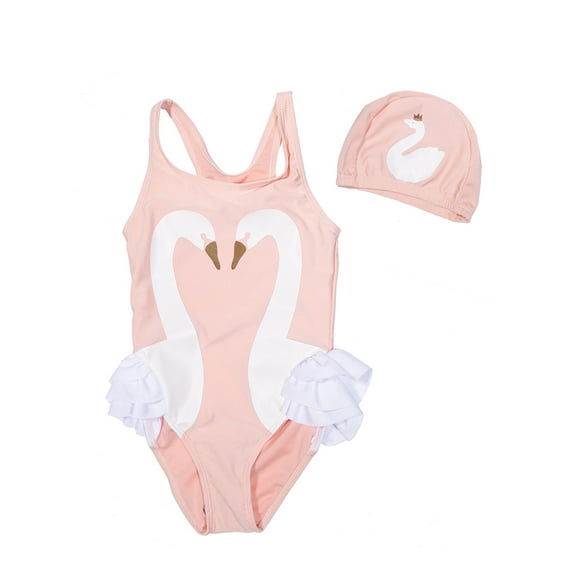 stylesilove Baby Girl Swan Parrot Ruffled Tank Style One-Piece Swimsuit With Hat 2 Pcs Set (Swan Pink, 80/2T)
