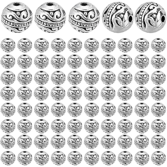 100pcs Antique Silver Round Spacer Beads Tibetan Alloy Ball Loose Bead Charms Metal Spacers Craft Accessories for DIY Bracelet Necklace Earrings Jewelry Making, 8 Mm