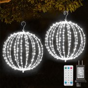 2 Pack 16INCH Outdoor/Indoor LED Christmas Light Ball ,Foldable Metal Sphere Lights, Connectable Waterproof 16 Modes with Timer, Hanging Tree Globe Lights for Holiday Christmas Decorations ( White)