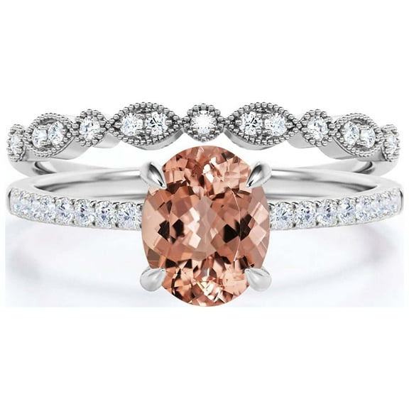 Sirprisingly Gift Minimalist 2.00 Carat Oval Cut Morganite And Diamond Moissanite Engagement Ring, Classic Wedding Ring, One Matching Band In 10k Solid White Gold, Occasionally Gift For Her