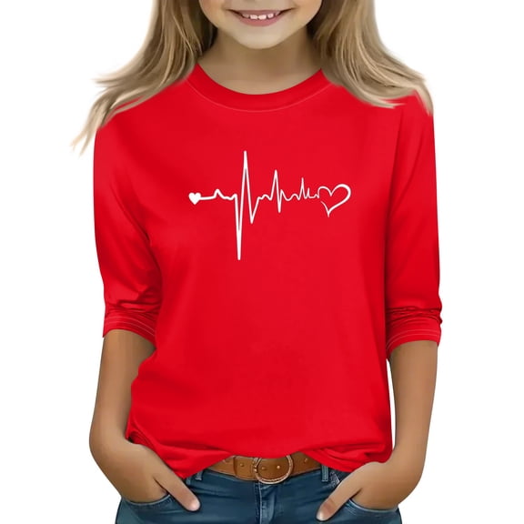 CCRFTGI Valentine's Day 3/4 Length Sleeve Girls Tops Size 7 Funny Love Heart Print T Shirts Trendy Crewneck Shirts Soft Fall Winter Tween Girls Clothes Watermelon Red 9-10Y