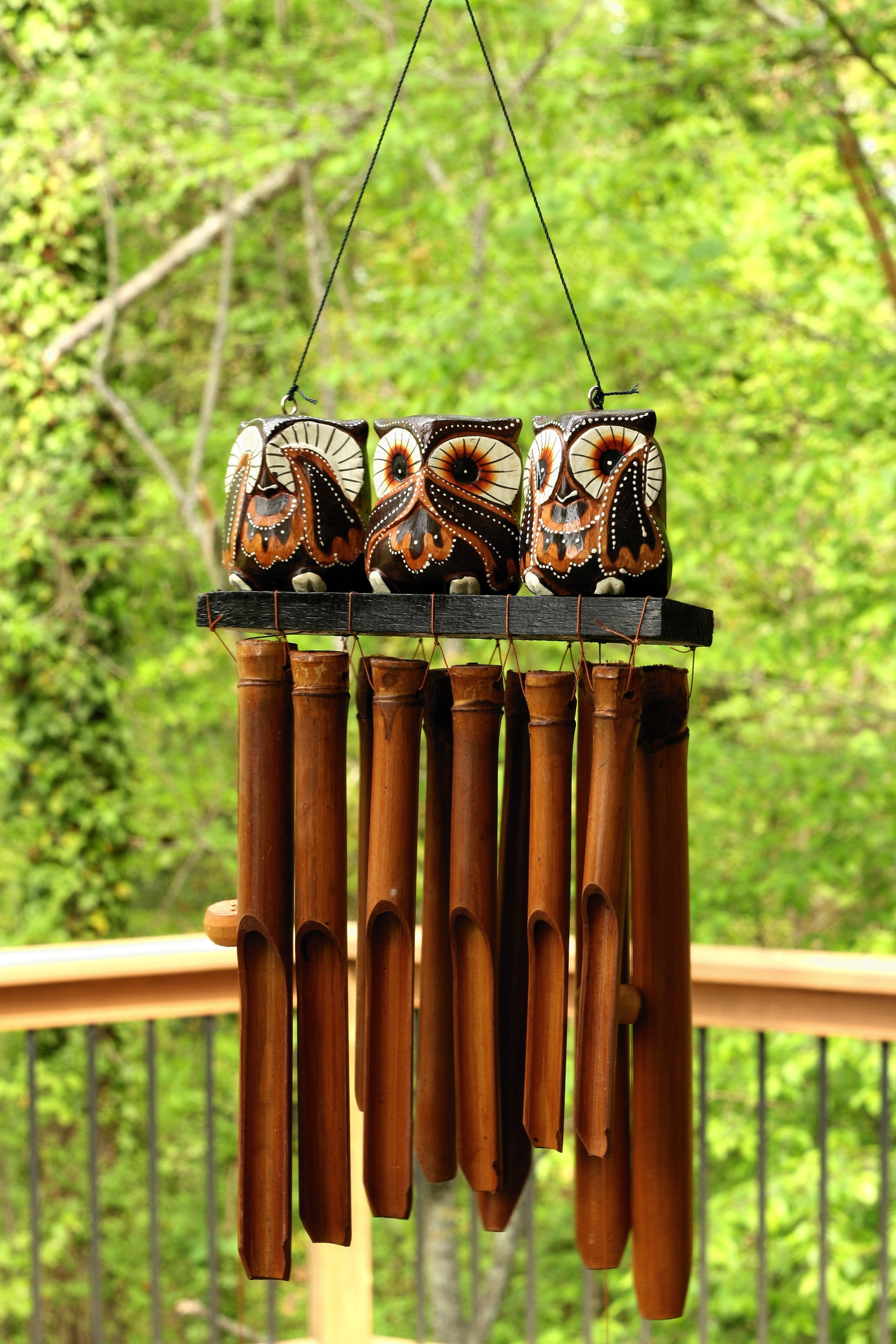 Handmade Wooden See Hear Speak No Evil Owl Bamboo Wind Chime Wood Statue Figurine Hoot Sculpture Patio Garden Outdoor Decor Handcrafted Decoration