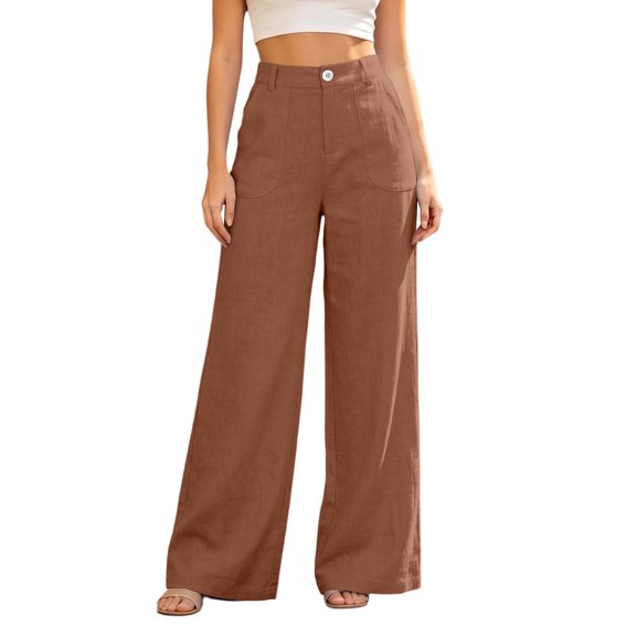 Cotton Wide Leg Pants for Women Flowy Pants for Women Plus Size Summer Outfits with Pockets Womens Straight Leg Button Trousers