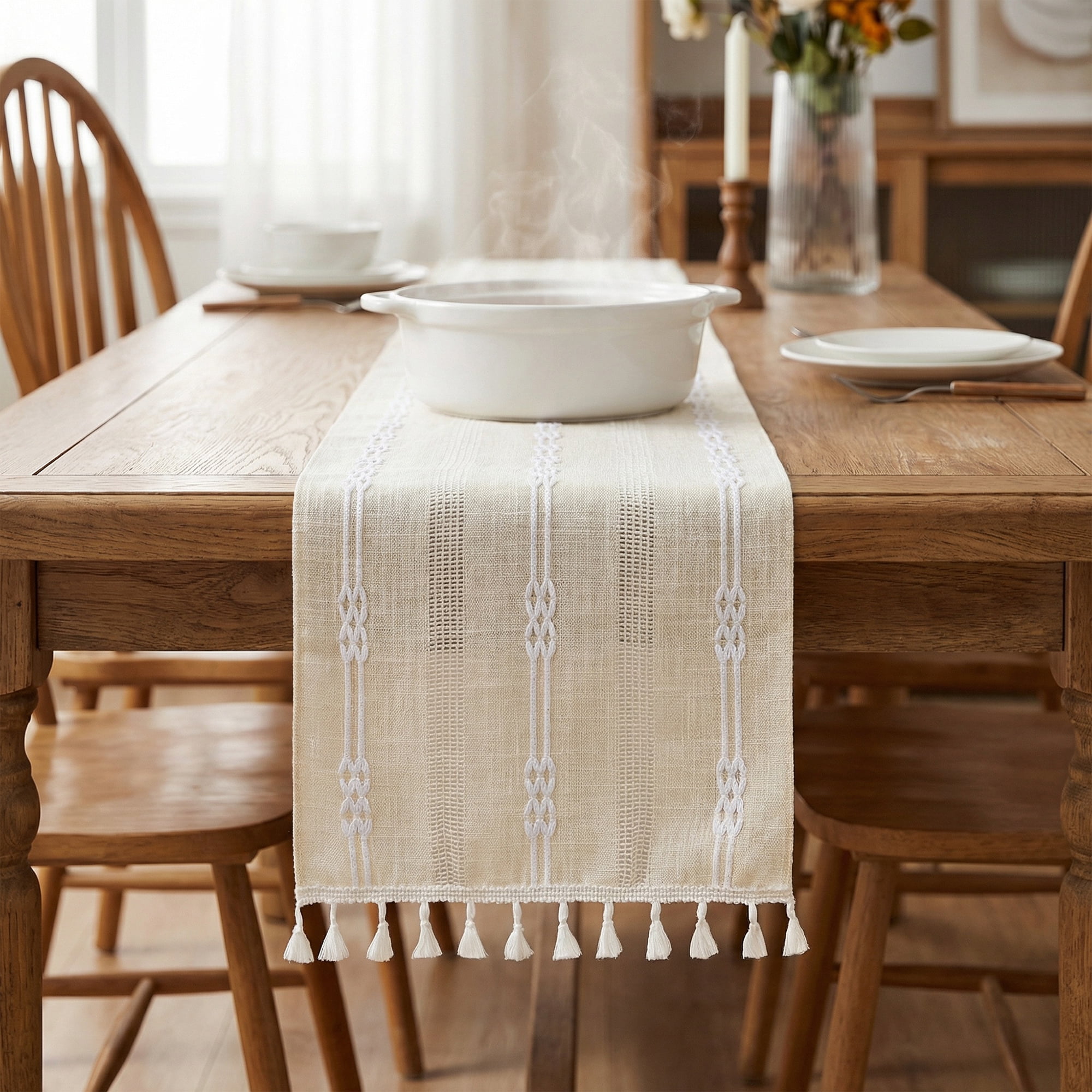 Unique Bargains Openwork Polyester Runner Table Runner for Kitchen Decor Beige 13"x70.9"