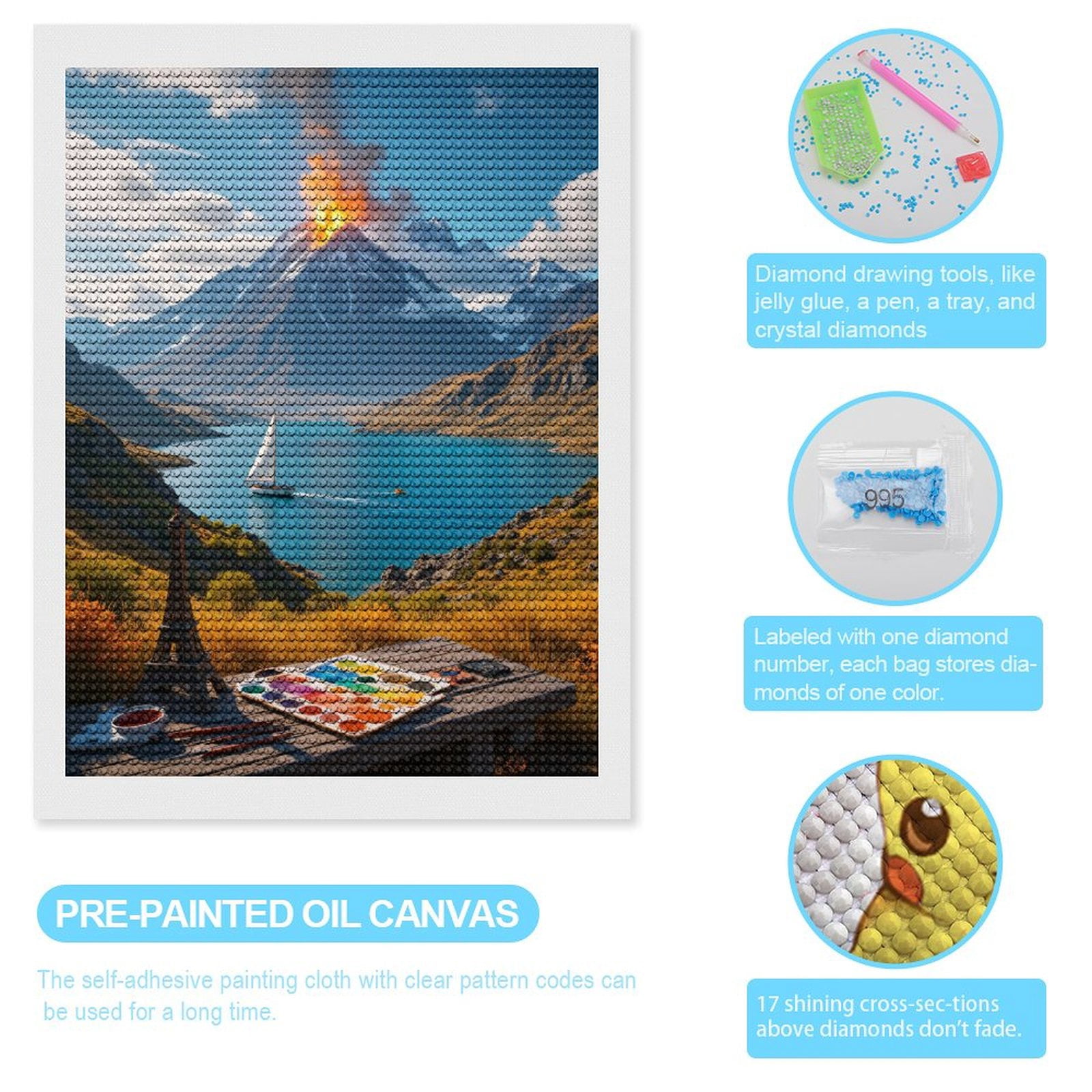Diamond Art Kits for Adults, Sailboat Mountain Volcano Painting Set 5D Diamond Painting Kits for Adults Beginners, DIY Full Drill Diamond Painting, Gem Art and Crafts 12x16