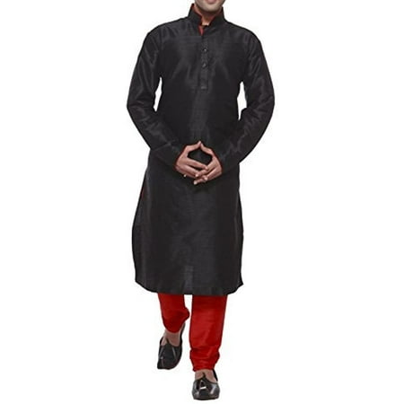 

Royal Kurta Men s Dupion Silk Contrast Piping Kurta Churidar Black