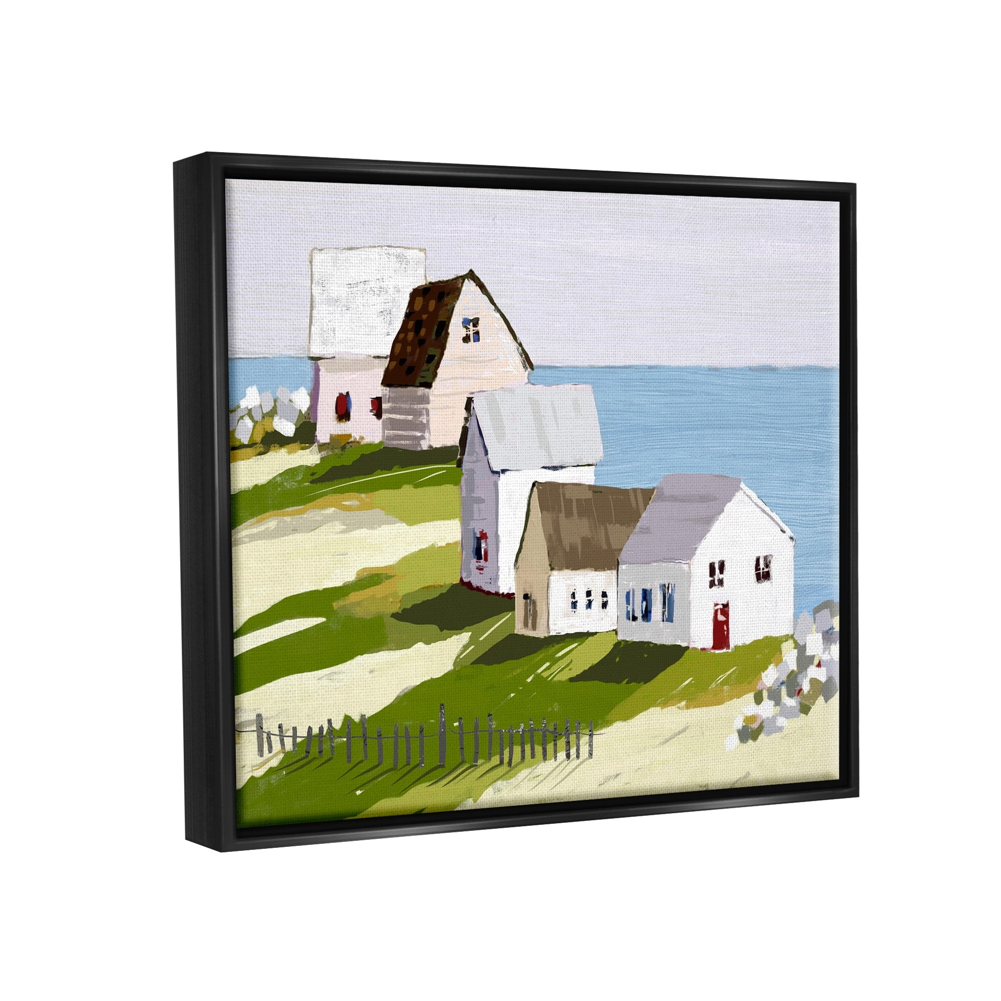 Stupell Industries Quaint Seaside Cottages Overlooking Vast Ocean Landscape Graphic Art Jet Black Floating Framed Canvas Print Wall Art, Design by Tina Finn