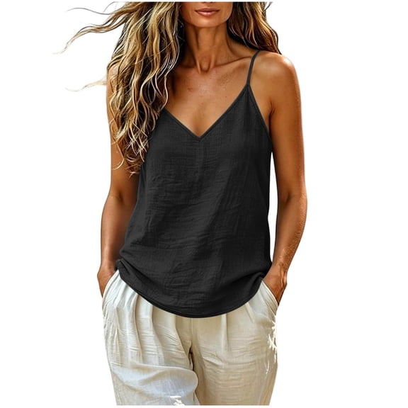 Yutgune Women's V Neck Spaghetti Strap Linen Cotton Cami Top Casual Sleeveless Summer Tank Shirt