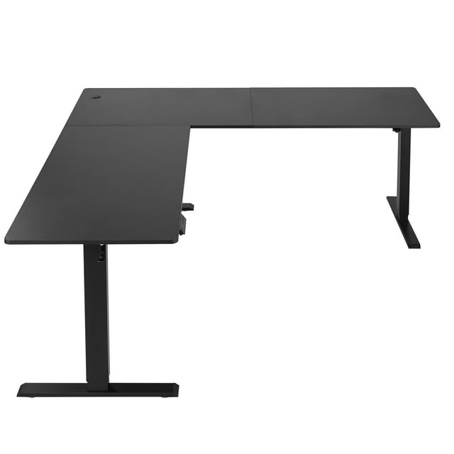 KFFKFF Bureau en L, Bureau de Jeu d'Angle Électrique à Hauteur Réglable avec Doubles Crochets, Table d'Ordinateur en L en Acier au Carbone Robuste avec Prises de Courant, Noir