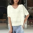 thumbnail image 4 of Cxenplz Summer Crochet Tops for Women 2025 Short Sleeve V Neck Hollow Out Knit Beach Cover Up Casual Sweater Tops, 4 of 6