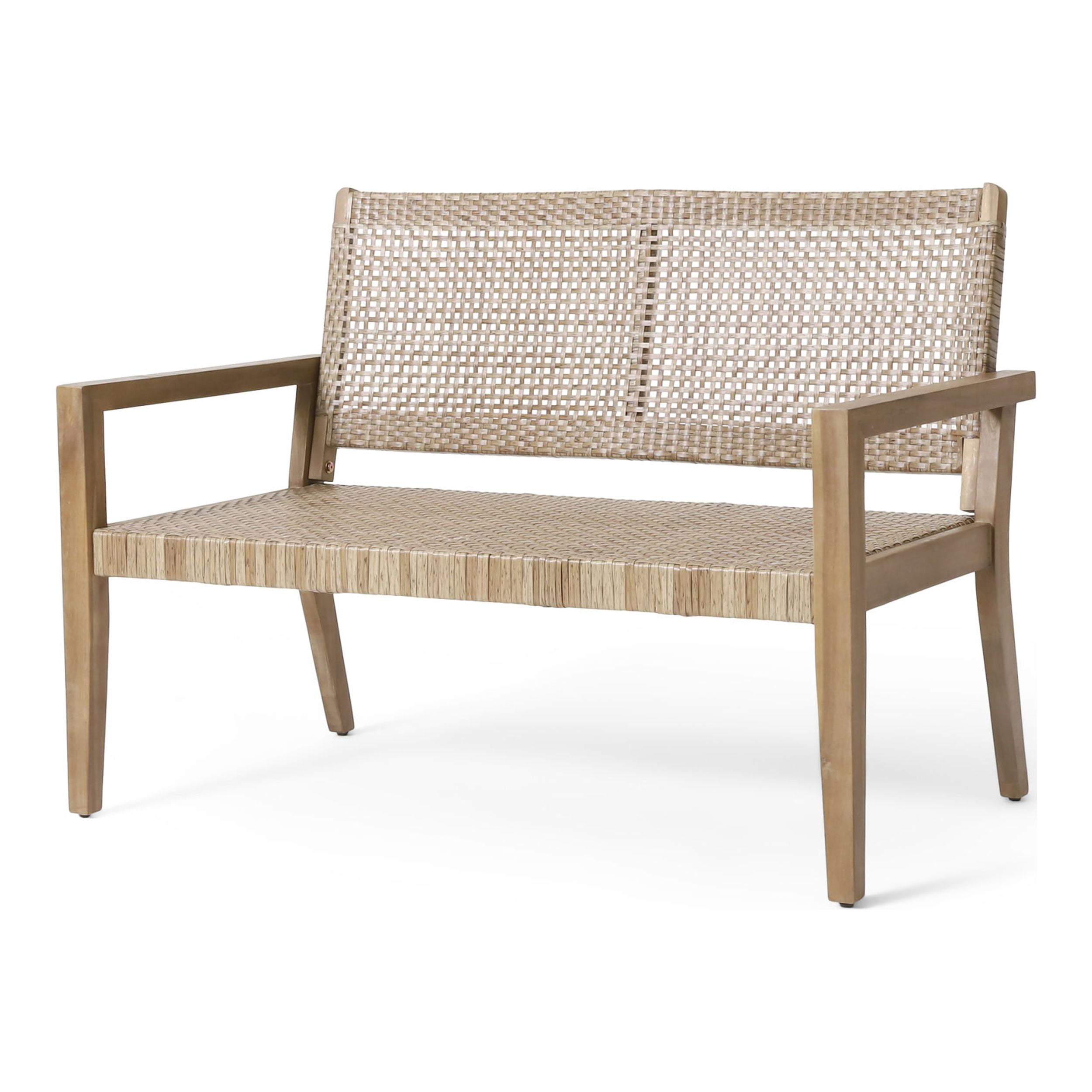 Coloma Wicker and Acacia Wood Outdoor Loveseat, Light Multibrown and Light Brown
