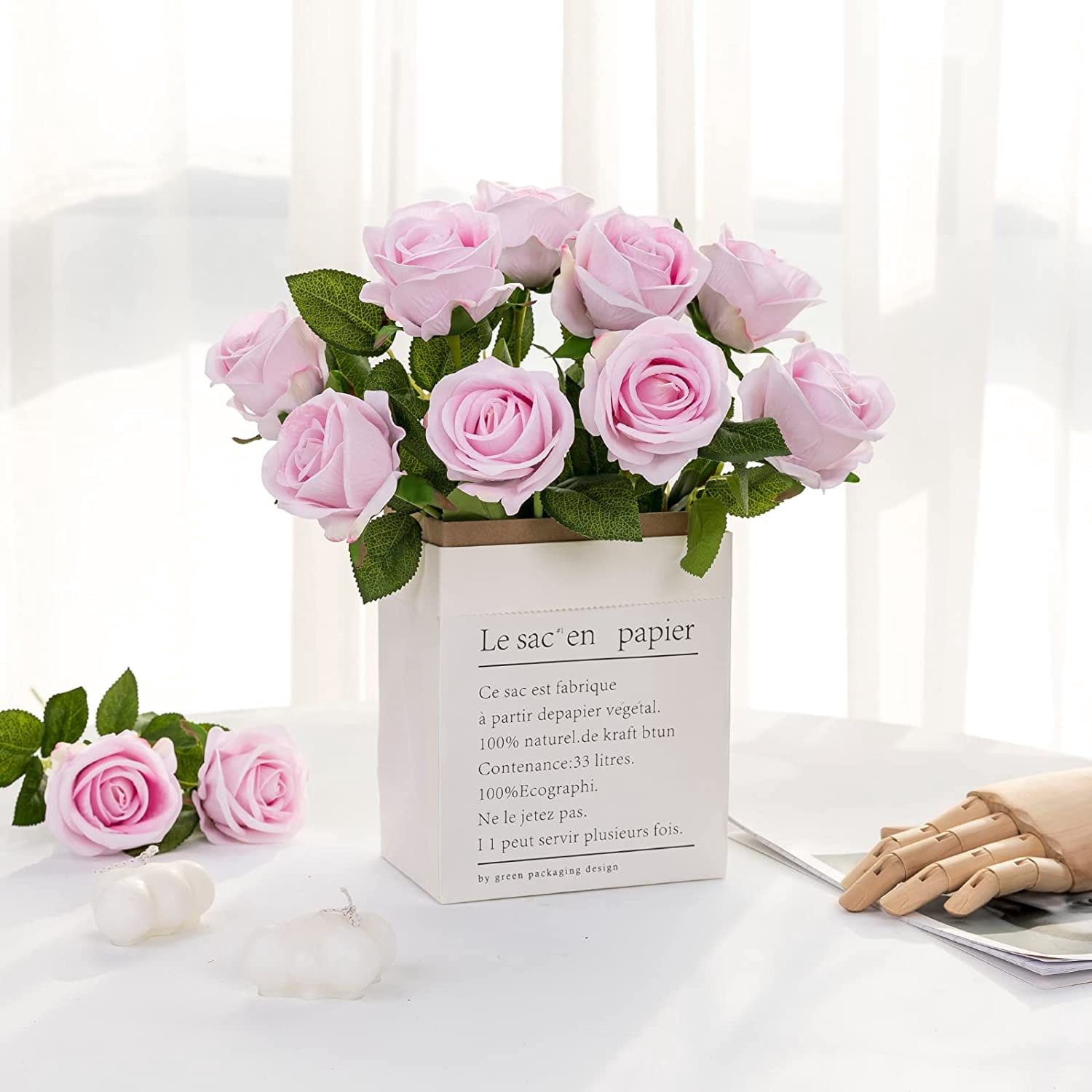 12PCS Artificial Roses Silk Flowers Fake Roses Bouquet Long Stem for Home Wedding Decoration Party (Wine)