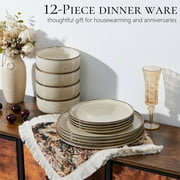 Vesteel Dinnerware Sets for 4, 12-Piece Stoneware Dish and Bowls Set, Handmade Reactive Glaze Coupe Plates Set for Family, Chip & Scratch Resistant - Khaki