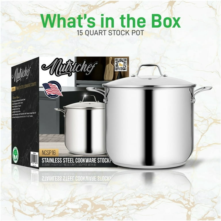 NutriChef nutrichef 15-quart stainless steel stock pot pot-18/8 food grade  heavy duty induction-large, stew, simmering, soup see throug