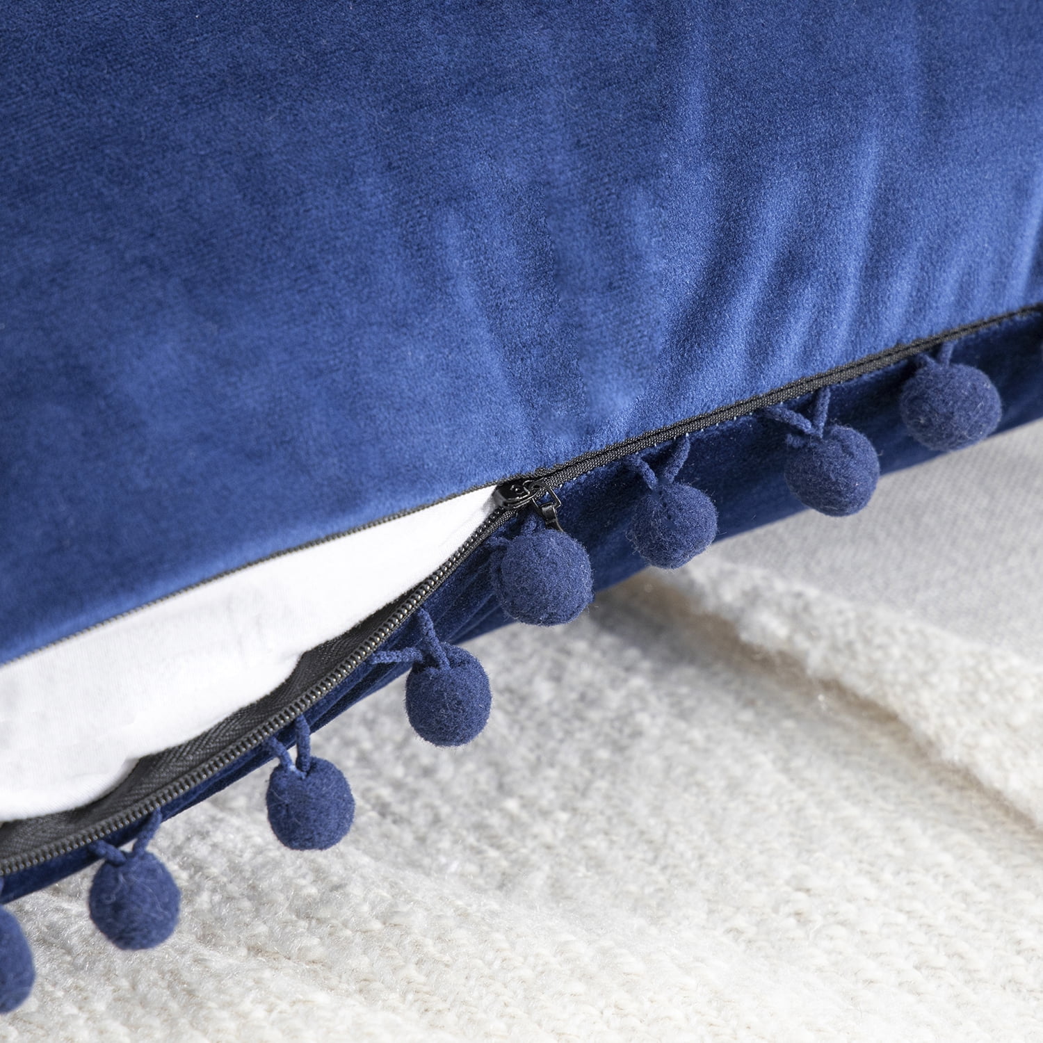 Phantoscope Pom Pom Velvet Series Decorative Throw Pillow, 12" x 20", Navy Blue, 2 Pack