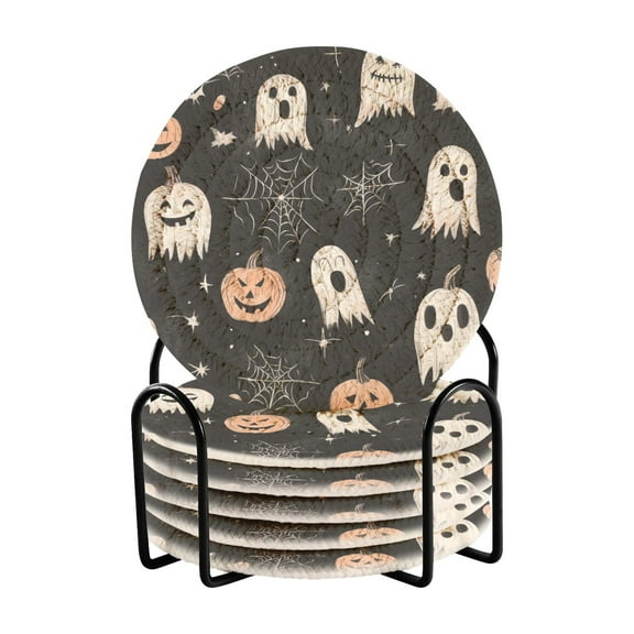 Pumpkin Ghost Spiderweb Coasters with Holder for Coffee Table 6 Pcs Drink Coaster Sets Absorbent for Home Decor 4 inch