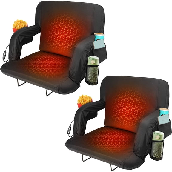 ZENPETIO 2PCS 25" Foldable Heated Stadium Seats for Bleachers w/Back Support, Wide Cushion, 5 Extra Pockets, USB 3 Levels of Heat for Outdoor Camping Games Sports