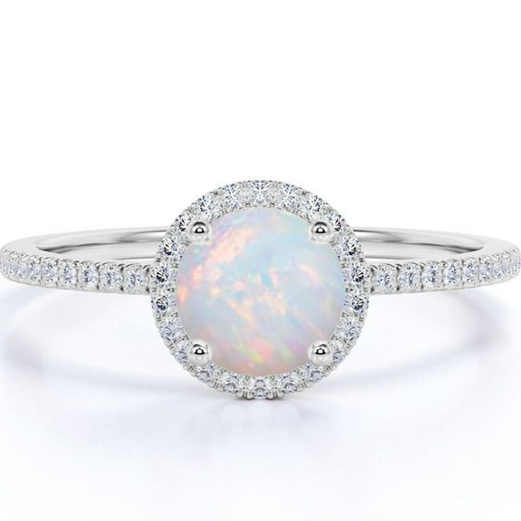 JeenMata Vintage 1.75 ct Round Cut Opal and Moissanite Halo Engagement Ring in 18k White Gold over Silver
