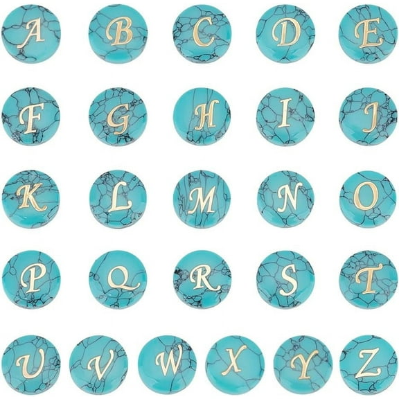 26pcs Turquoise Alphabet Letter Beads 15mm A-Z Beads Flat Round Beads Craft Beads Alphabet Beads Loose Beads Spacer Beads for DIY Earrings Bracelet Necklace Jewelry Making(Gold on Blue)