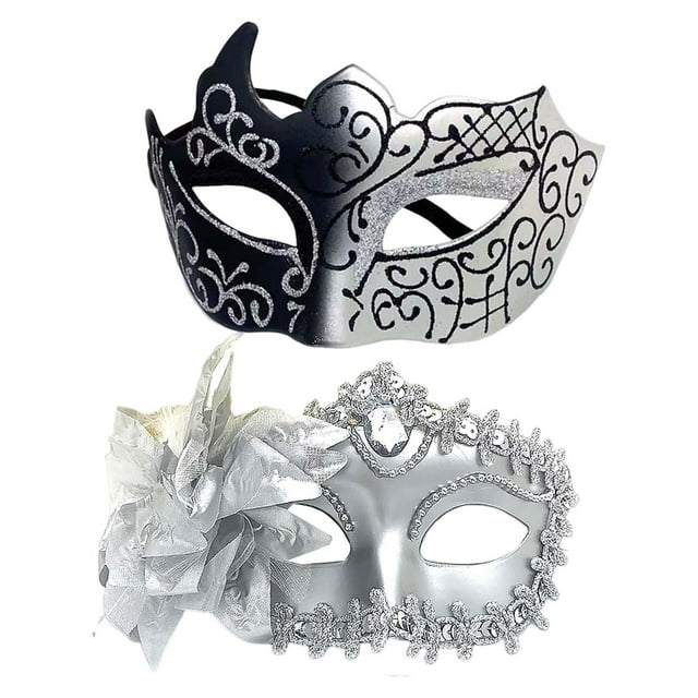 Set de 2 máscaras de antifaz para parejas, media cara, disfraz para hombre y mujer, carnaval. Plata