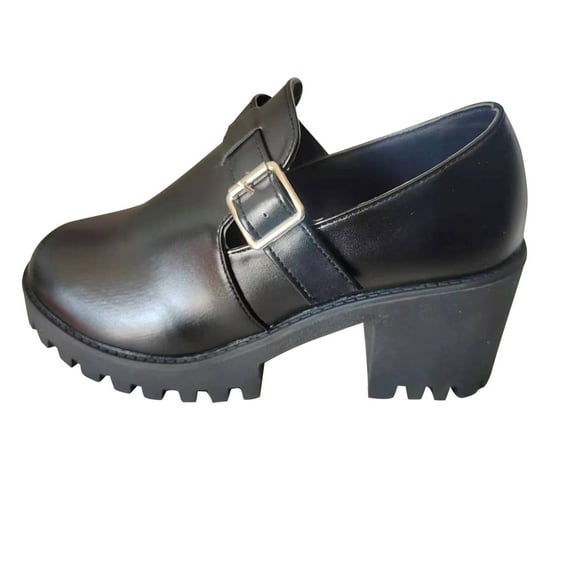 hopeusnice Women's Buckle Heels Chunky Heel Ankle Buckle Dress Shoes Slip On Shoes Buckle Loafers Black 40