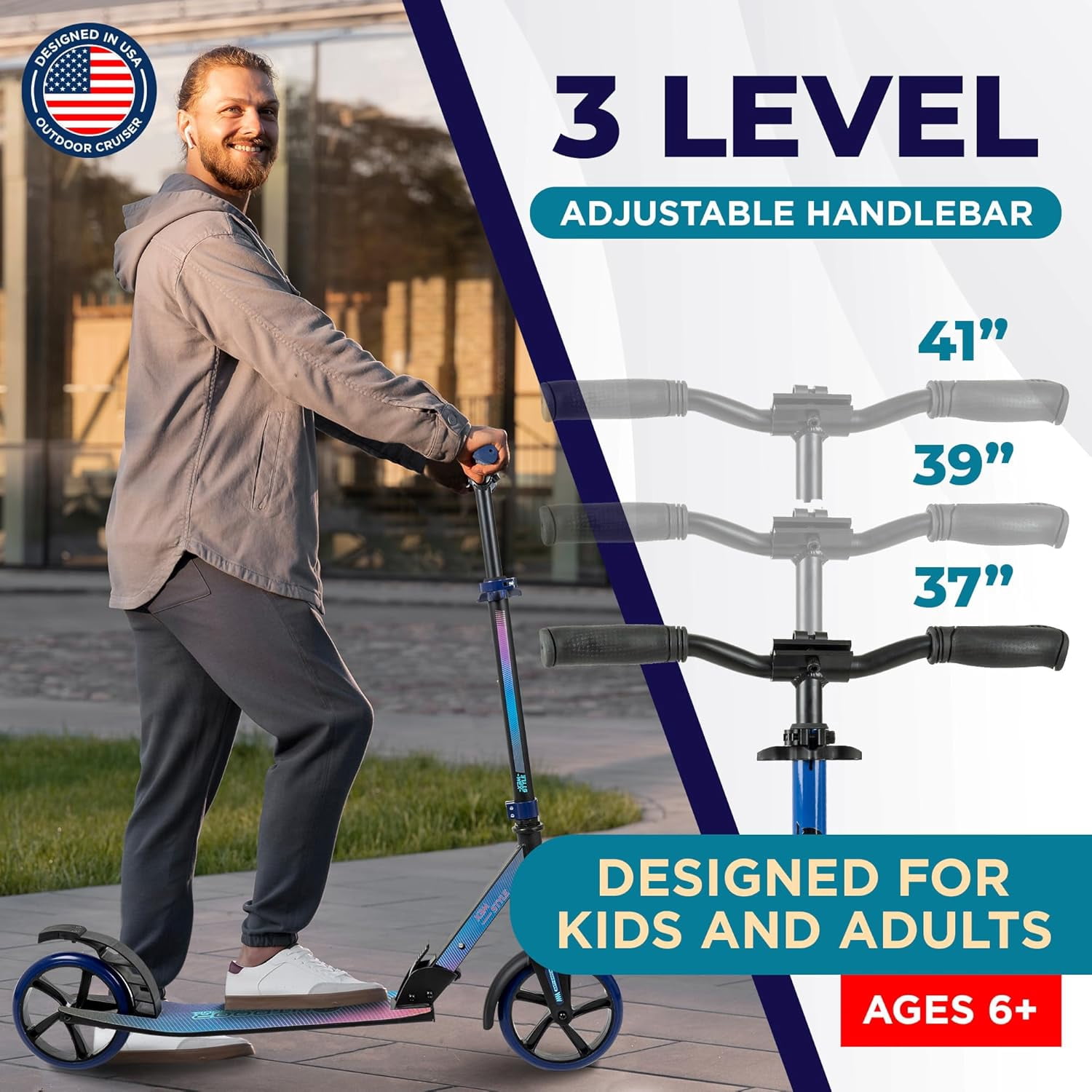 OutdoorCruiser Kick Scooter for Ages 6+, Kids, Teens & Adults, Foldable, Dual Suspension, 3-Level Adjustable Handlebar, Child Safety Approved, Blue