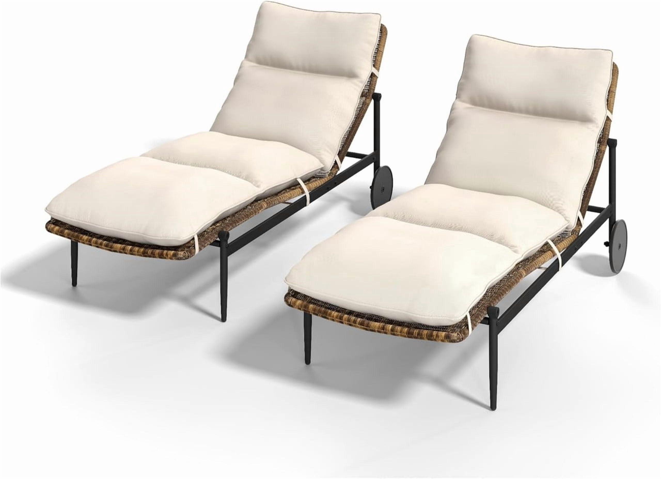 2-Piece Patio Chaise Lounge Chairs, Wicker Outdoor Lounge Chairs Set of 2, All-Weather Outdoor Reclining Chair with Wheels and Removable Cushion