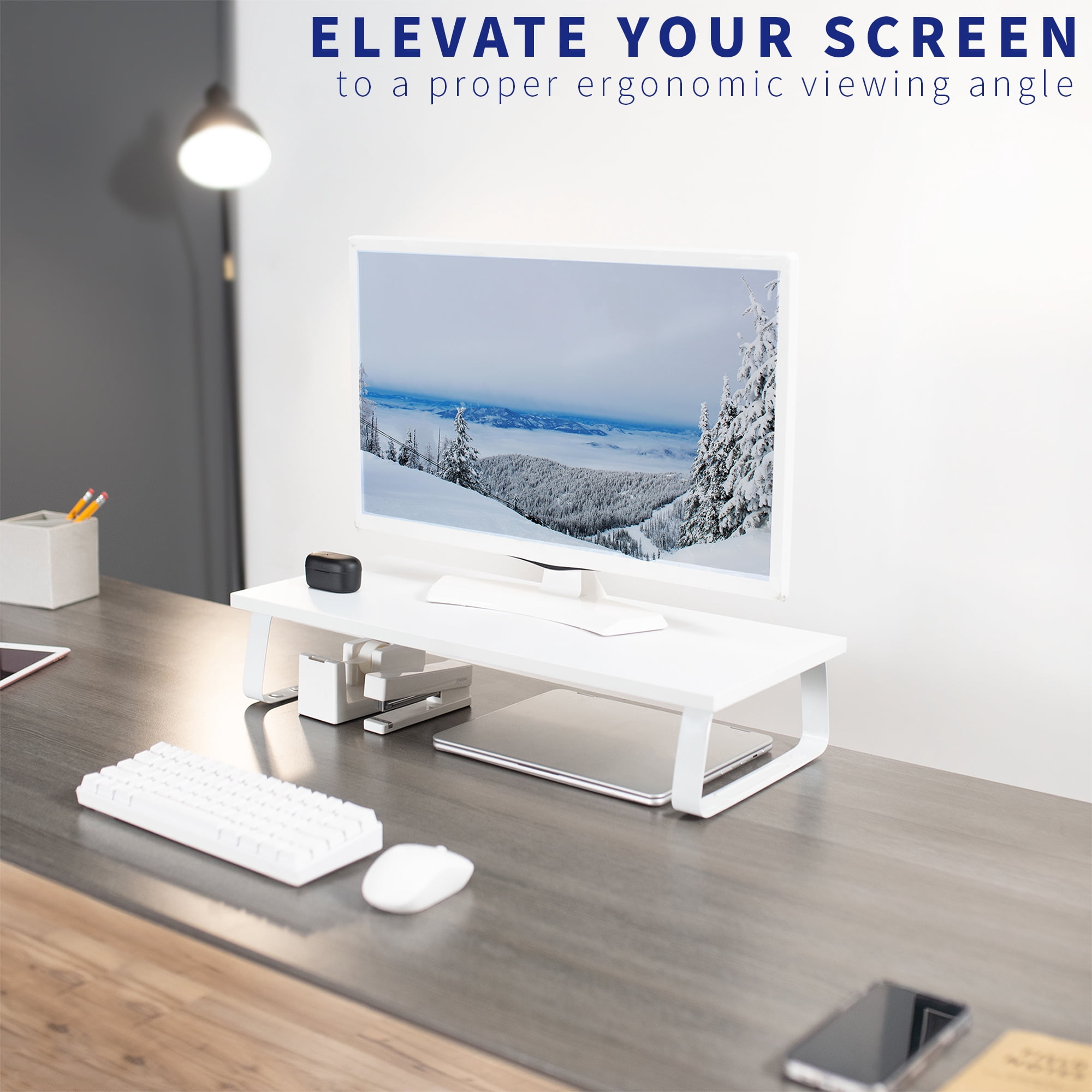 VIVO White Wood 24" Wide Desktop Stand Ergonomic TV Monitor Riser Desk Organizer