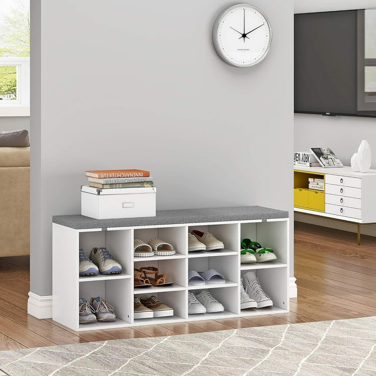 Costway 10-Cube Organizer Entryway Padded Shoe Storage Bench-Beige