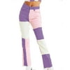Junior's Patchwork Colorblock Pastel Distressed High Waist Straight Legs Denim Boyfriend Jeans (Large, Pink & Purple)