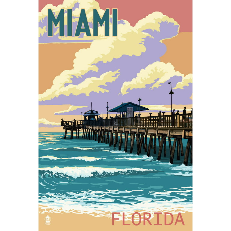 Miami, Florida, Fishing Pier and Sunset (12x18 Wall Art Poster