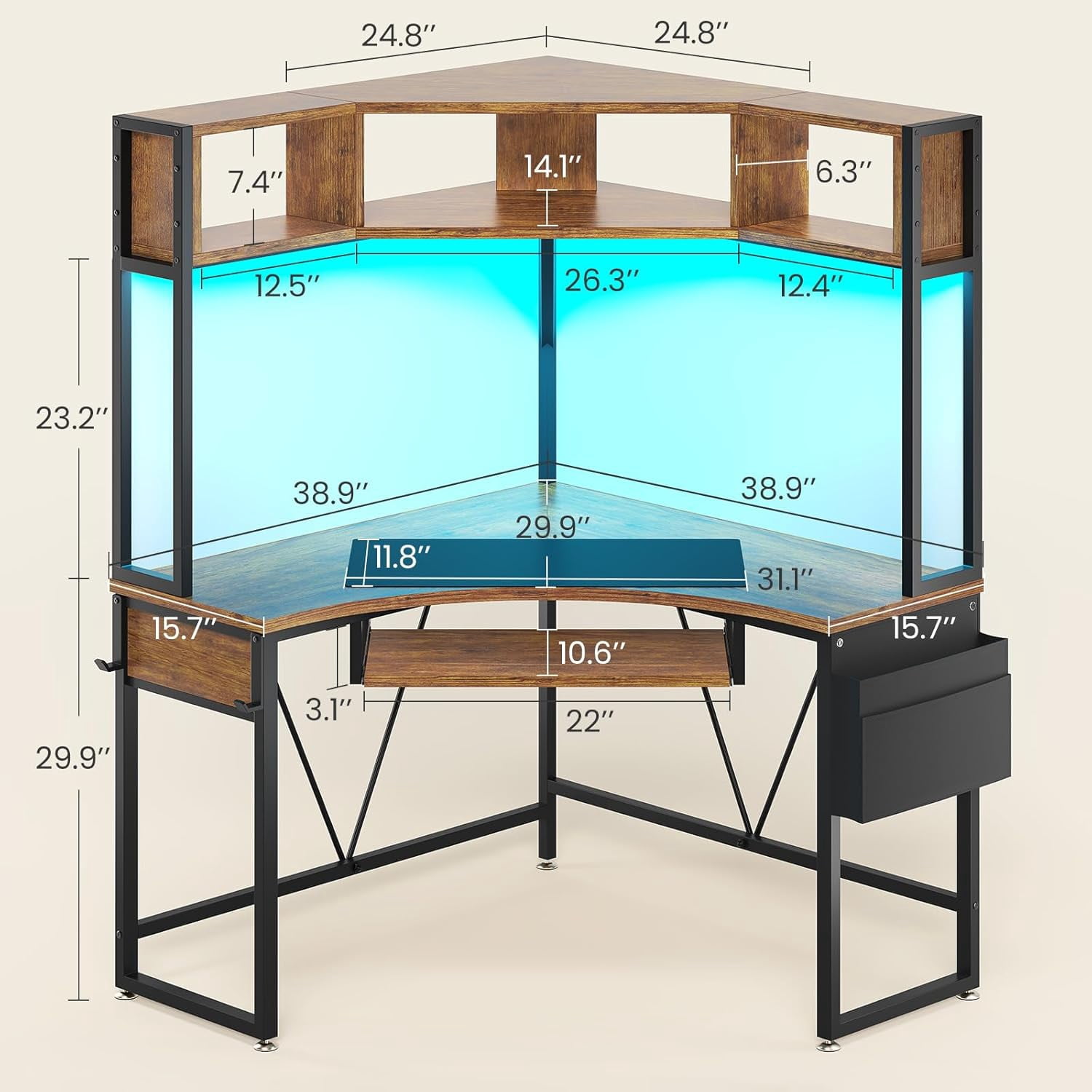 SEDETA Corner Gaming Desk with LED Lights&Hutch Computer Desk with Headphone Hook&Keyboard Tray for Bedroom, Rustic Brown