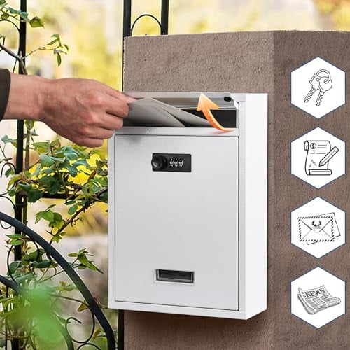 Locking Wall Mount Mailbox, Mail Boxes with Combination Lock for Outside, Security Cash Key Letter Drop Box with Code for House Office School,12.4H x 8.54L x 3.35W Inches, White