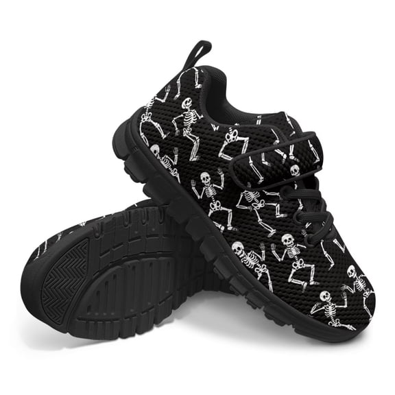 Pointodoor Dance Skeleton Skull Sneakers for Boys Girls Size 1.5 Kids Halloween Shoes Breathable Knitted Mesh Athletic Lightweight Tennis Running Walking Shoes with Single Buckle