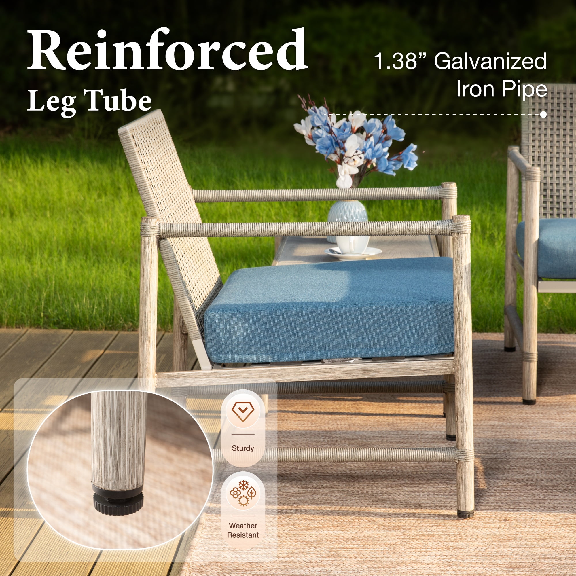 MF Studio 5-Seat Outdoor Patio Furniture Set with Wicker High Back Sofa, Wood-Grain Outdoor Conversation Set  for 5, Blue
