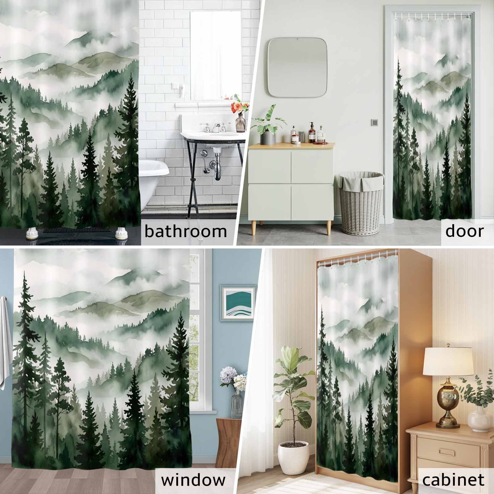 Shower Curtain Bathroom Set Forest Green Gradient Tree Mountain Waterproof Fabric Shower Curtains with Grommets&Hooks, Natural Scenery Privacy Bath Curtain for Bathtub 36x72in