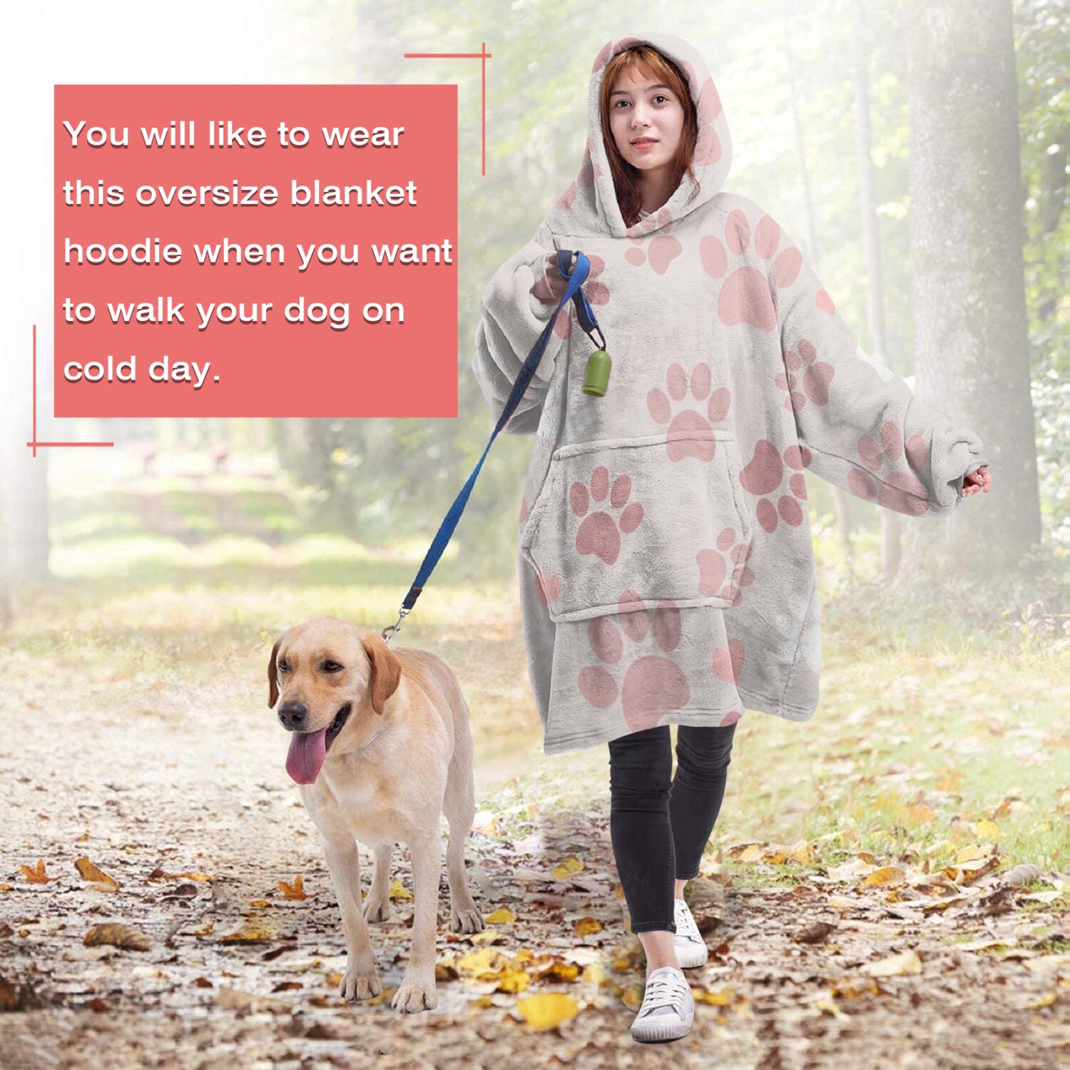 Pink Dog Paw Wearable Oversized Blanket,Wearable Blanket Hoodie for Adults,Cozy Hooded Blankets with Super Pockets,Super Warm Fuzzy Pullover for Women & Men
