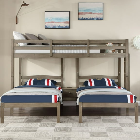 Furniture of America Roligt Kids Triple Twin Wood Bunk Bed with USB, Gray