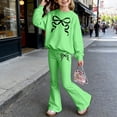 thumbnail image 2 of WAYUTE Toddler Girls Fall Outfits Bow Graphic Print Long Sleeve Pullover and Flare Pants Kids 2 Piece Soft Fashion Streetwear Clothes Sets Casual Daily Wear,Green,Size 8-9 Y, 2 of 4