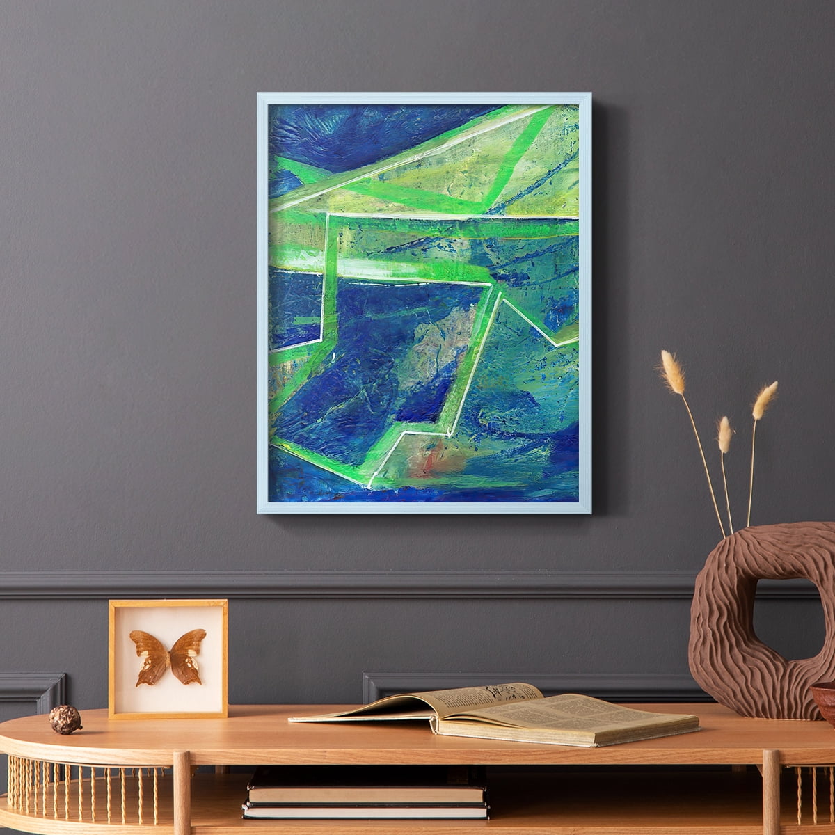 Geometric in Cool I Framed Print in Blue Solid Wood Framed Print No Nail Hanging
