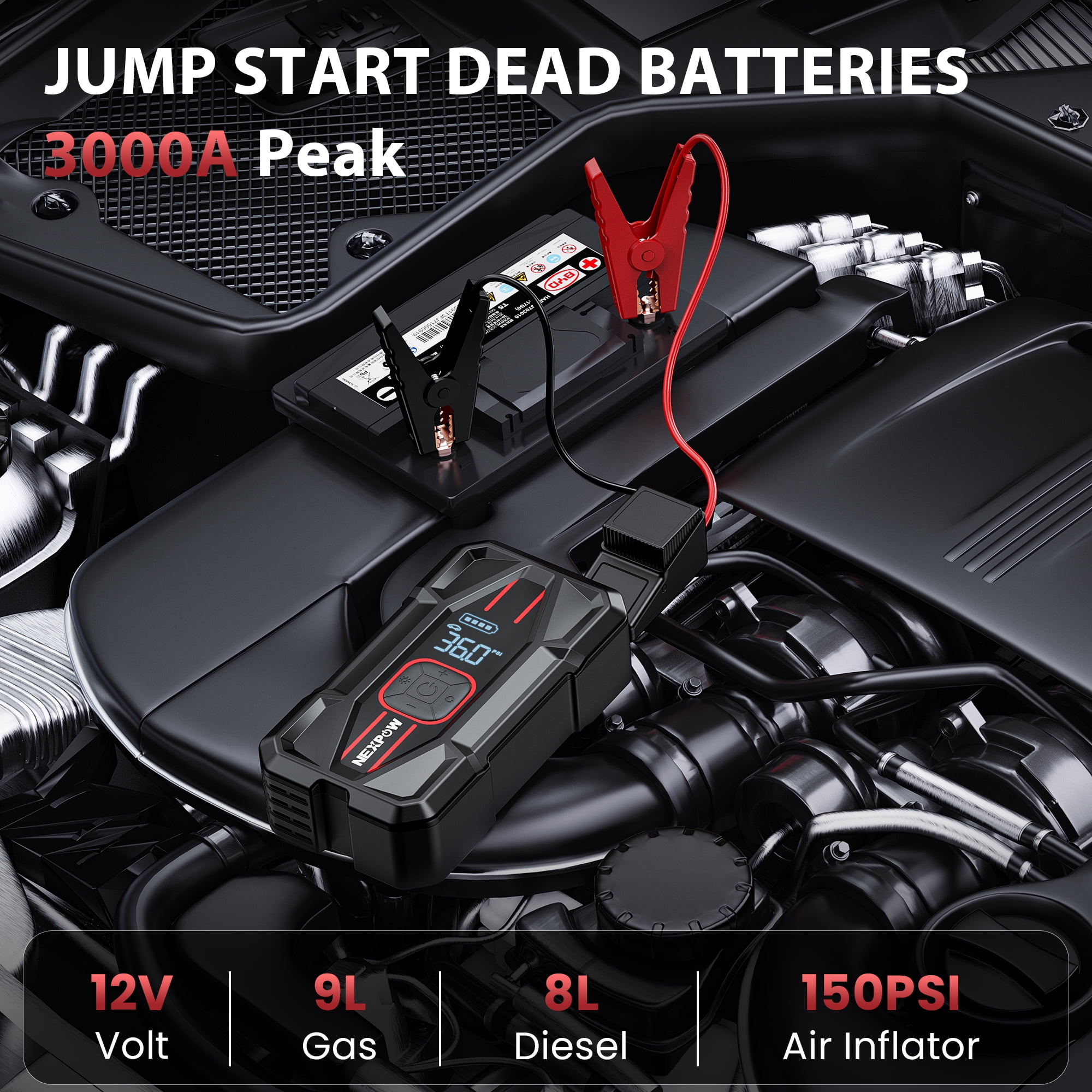 NEXPOW 3000A Jump Starter with Air Compressor, 150 PSI Digital Tire Inflator, 16000mAh PD 30W Fast Charge, 12V Battery Booster Power Bank for 8.5L Gas/6.5L Diesel